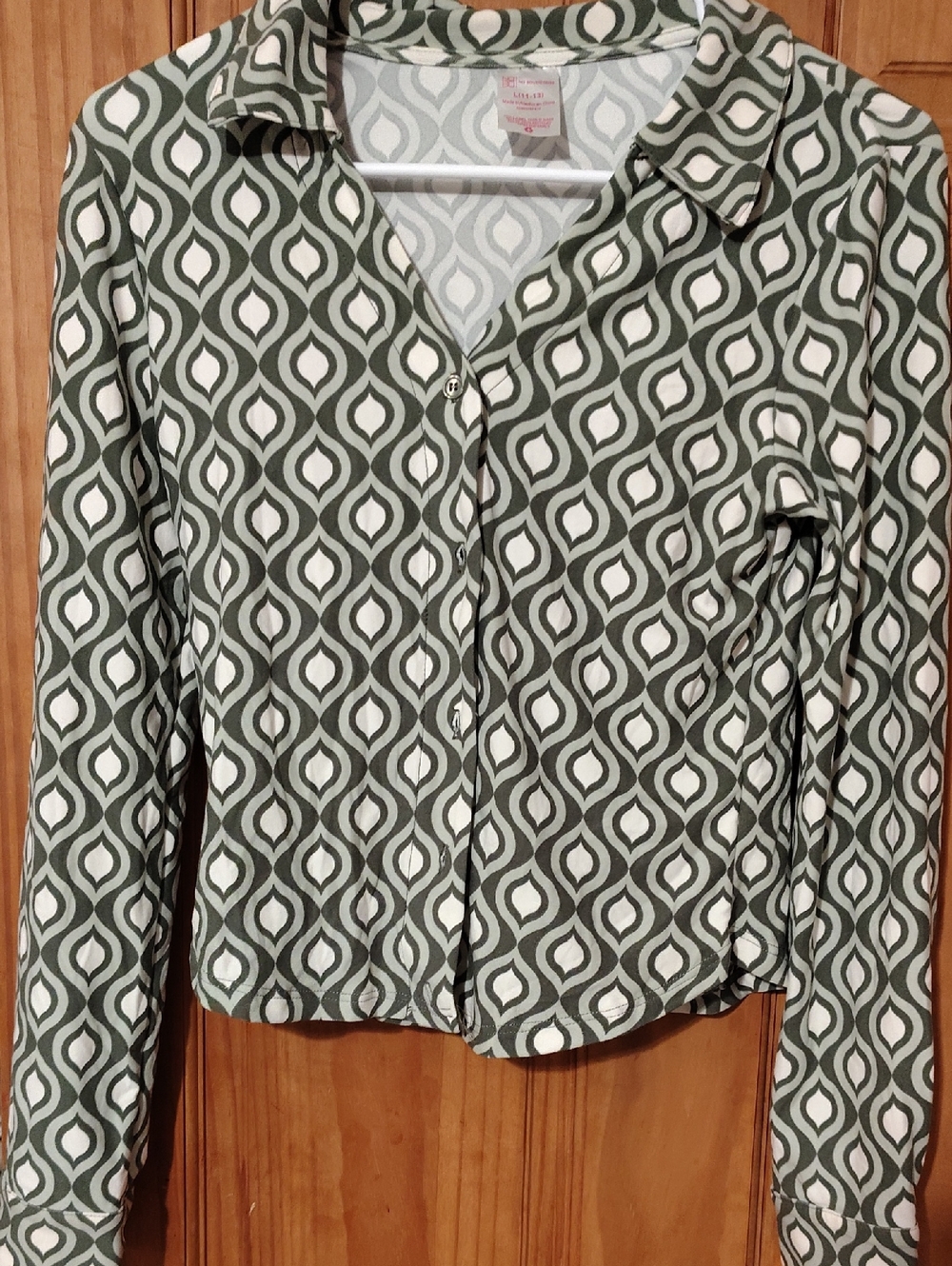No Boundaries Olive Green and White Geometric Button-Up Blouse